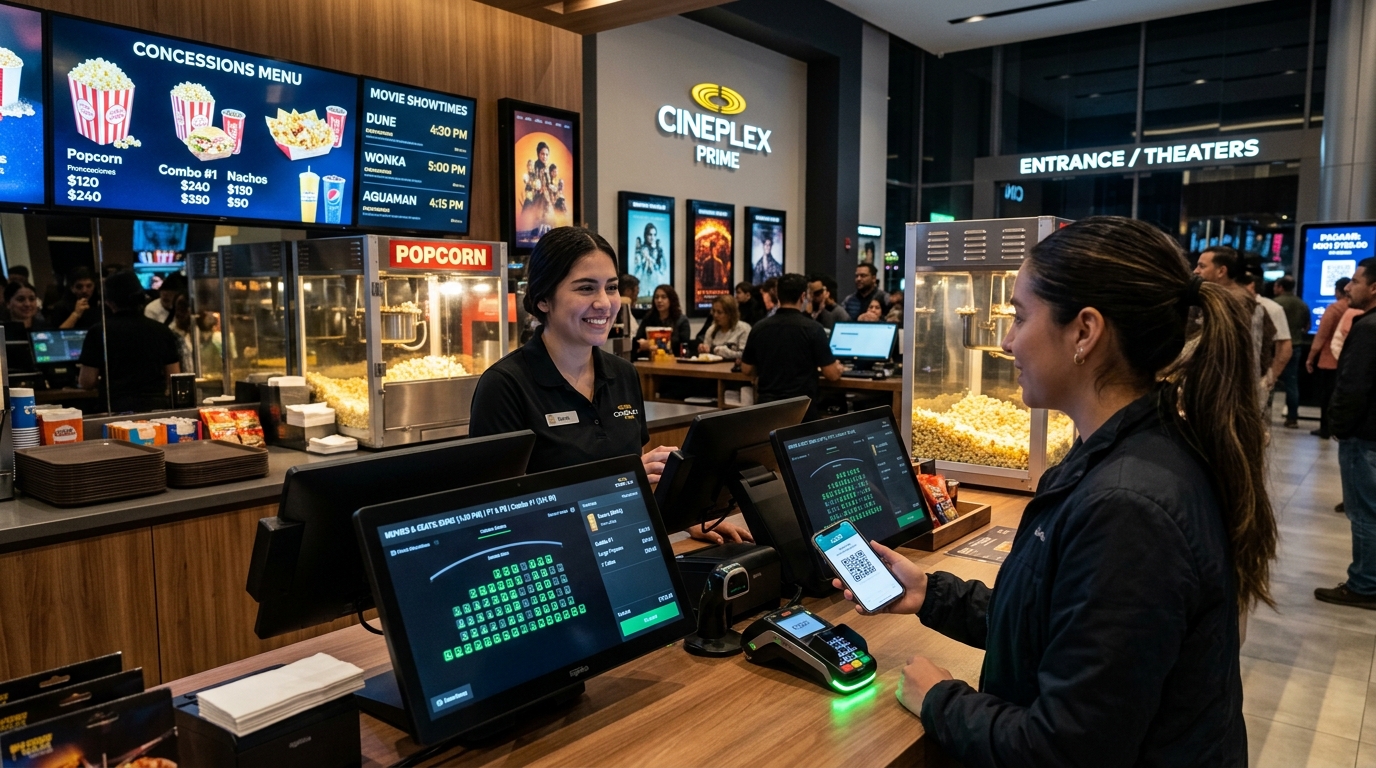 Cines y salas de entretenimiento con taquilla y dulcería